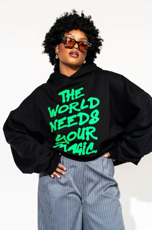 Energy Doesn’t Lie Cropped Hoodie in The World Needs Your Magic Puff Print Hoodie with Button Placket Classic Preppy