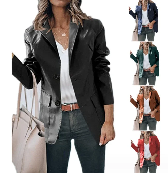 Lapel Single Breasted Solid Color PU Leather Women's Coat Modern Asymmetric Coat