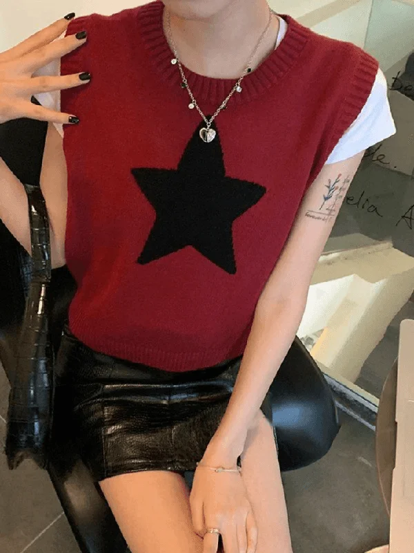 Star Jacquard Crew Neck Cropped Sweater Vest Slim Fit Regular Fit Oversized