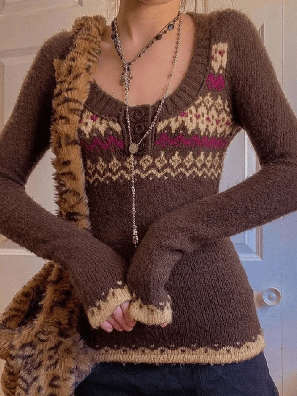 Button Front Jacquard Knitted Sweater Cable Knit Ribbed Knit Lace Knit