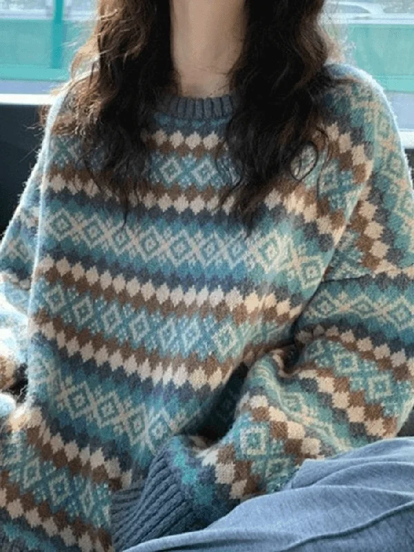 Vintage Jacquard Crew Neck Sweater Turtle Neck Boat Neck Asymmetrical Neck