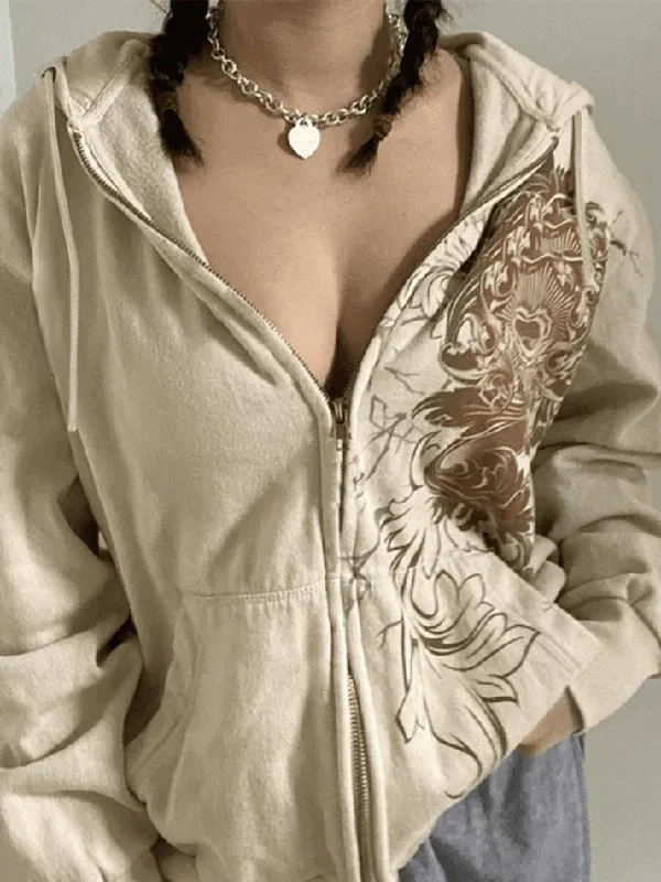 Vintage Floral Graphic Zip Up Hoodie Hoodie with Contrast Stitching Detailed Premium