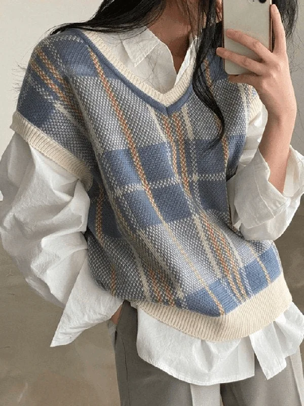 Vintage Checkered V Neck Sweater Vest Mesh Fabric Canvas Fabric Denim Fabric
