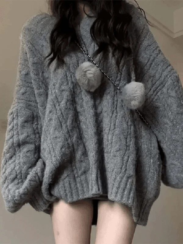 Oversize V Neck Gray Cable Knit Sweater Nylon Fabric Polyester Fabric Spandex Fabric