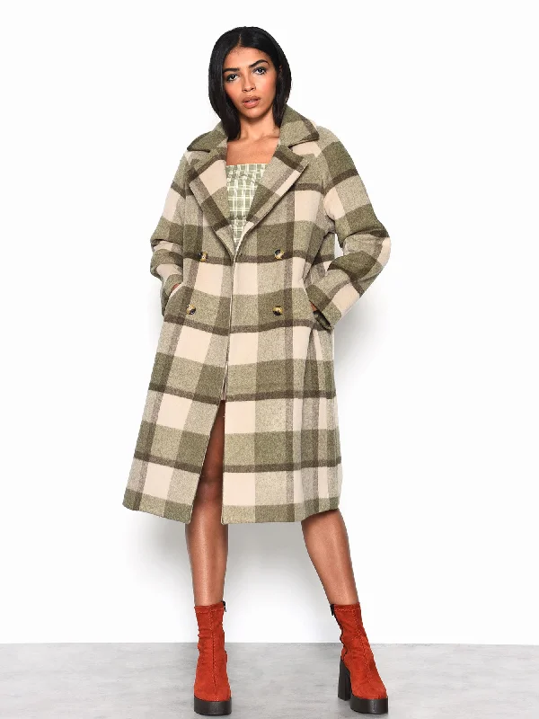 Glamorous Olive Beige Check Longline Coat Softshell Outdoor Jacket