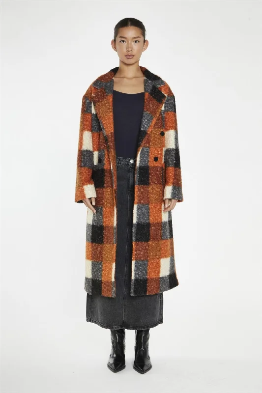 Orange Multi-Check Double-Breasted Coat Sleek Leather Jacket