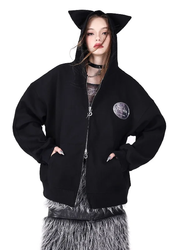 PINKSPINK Cat Ear Zip-Up Hoodie - Black Hoodie with Puffed Sleeves Voluminous Trendy