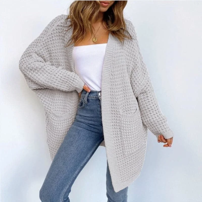 DressBetty - Pockets Long Sleeve Loose Knitted Sweaters Fleece Sweater Nylon Polyester