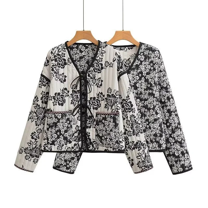 Printed V-neck European style coat Belted Midi-Length Coat