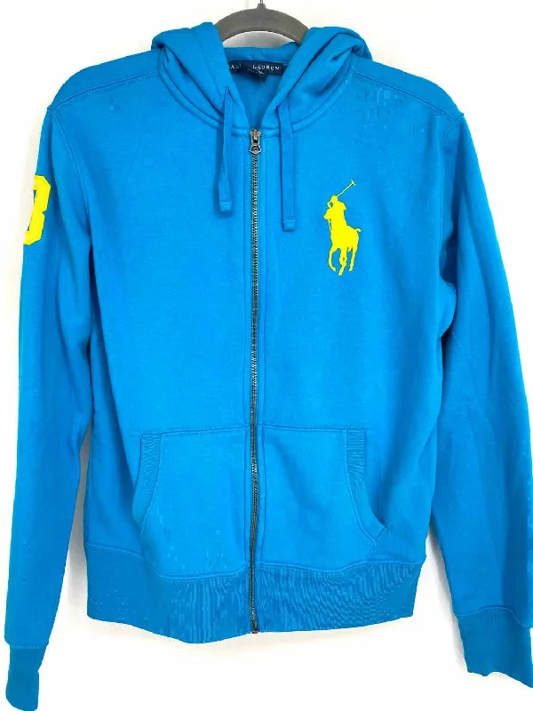 Ralph Lauren Women's Blue Zip Cotton Blend Logo Size L Hoodie Hoodie with Raglan Sleeves Sporty Comfortable