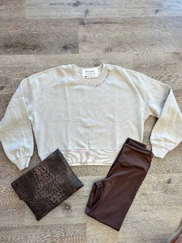 Saved By Grace Taupe Sweatershirt Ribbed Striped Patterned