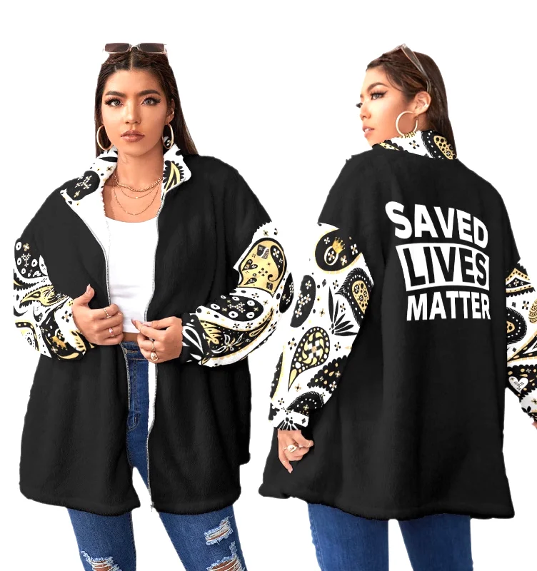 SAVED LIVES MATTER Borg Fleece Coat With Zipper (Unisex) Casual Open-Front Coat