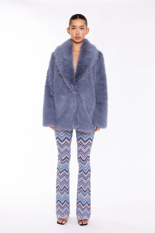 Steel-Blue Faux Fur Coat Hooded Raincoat Women