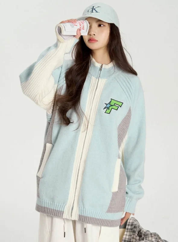 Street Racing Stitched Sweater Coat Print Jacquard Patchwork