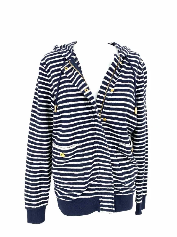 Tory Burch Women's Navy/White Zip Terry Stripe Size XS Hoodie Hoodie with V-Neck Classic Versatile