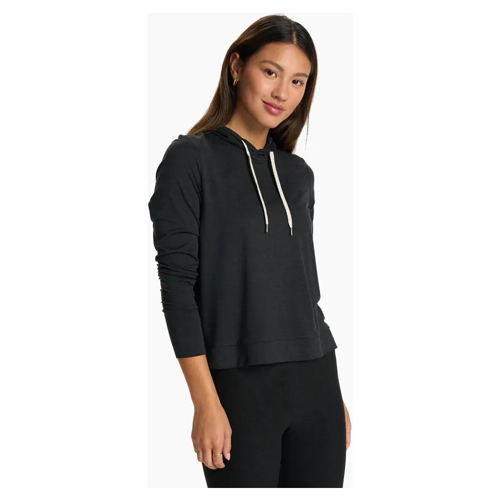 Vuori Women's Halo Essential Hoodie in Black Heather Hoodie with Snap Buttons Easy Quick