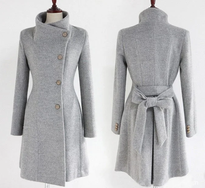 Woolen Women's Coat Mid Length Single Breasted Belted Woolen Coat Polished Tailored Coat