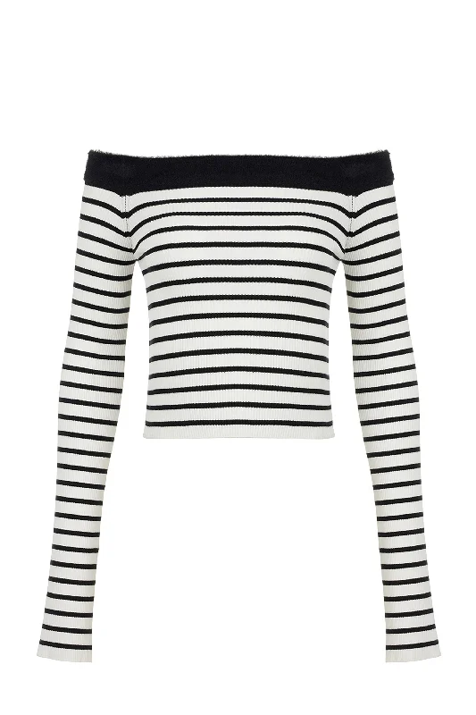Boat Neck Knit Sweater Polka Dot Checkered Tartan