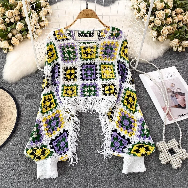 Fashionable lantern long-sleeved round neck tassel short sweater blouse for women casual top     S4141 Faux Fur Fabric Real Fur Fabric Shearling Fabric