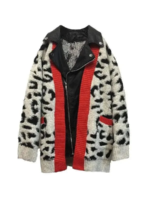 PU leather lapel leopard sweater coat Zippered Front Buttoned Front Snap Front