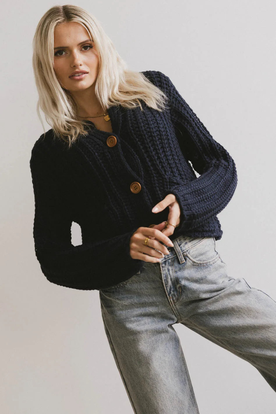 Luca Chunky Knit Sweater in Navy Collared Crew Neck Turtle Neck