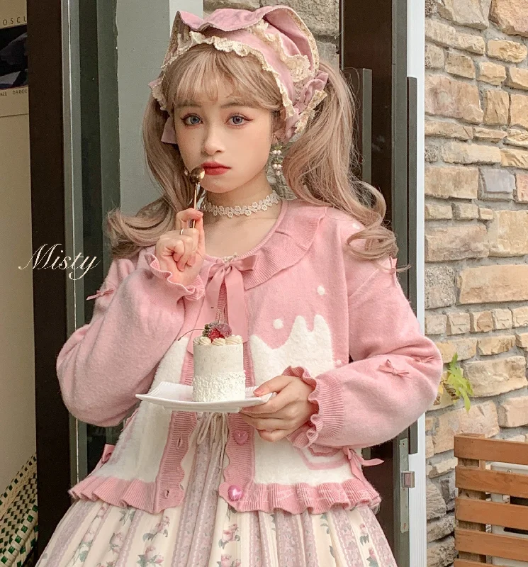 MIST~Beating Heart~Sweet Lolita Thick Sweater Coat Puff Sleeve Denim Fabric Leather Fabric Suede Fabric