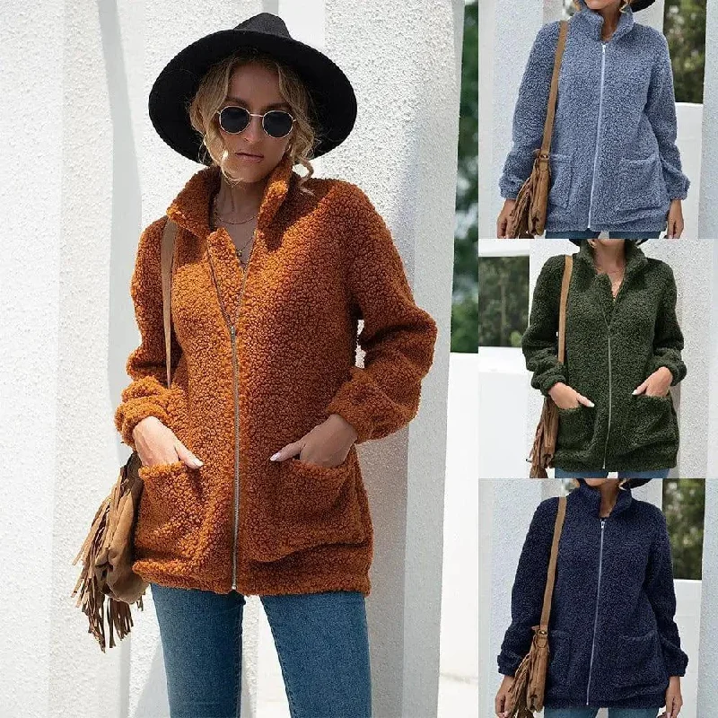 New Autumn And Winter Zipper Warm Sweater Outer Wear Women Front Pockets Side Pockets Patch Pockets