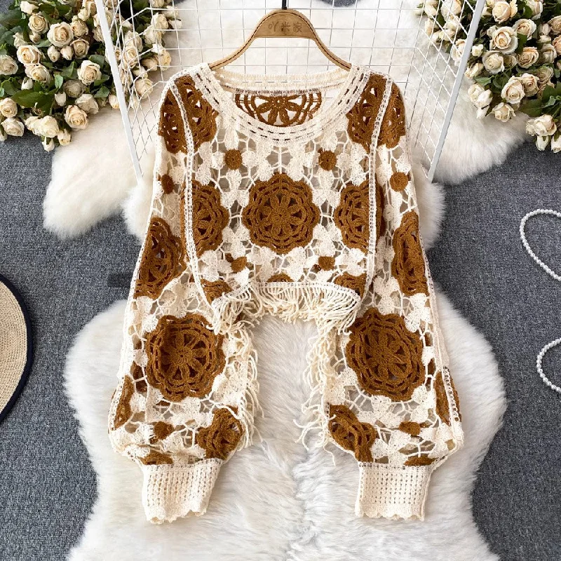 round neck tassel long-sleeved sweater blouse for women casual top     S4126 Satin Fabric Silk Fabric Chiffon Fabric