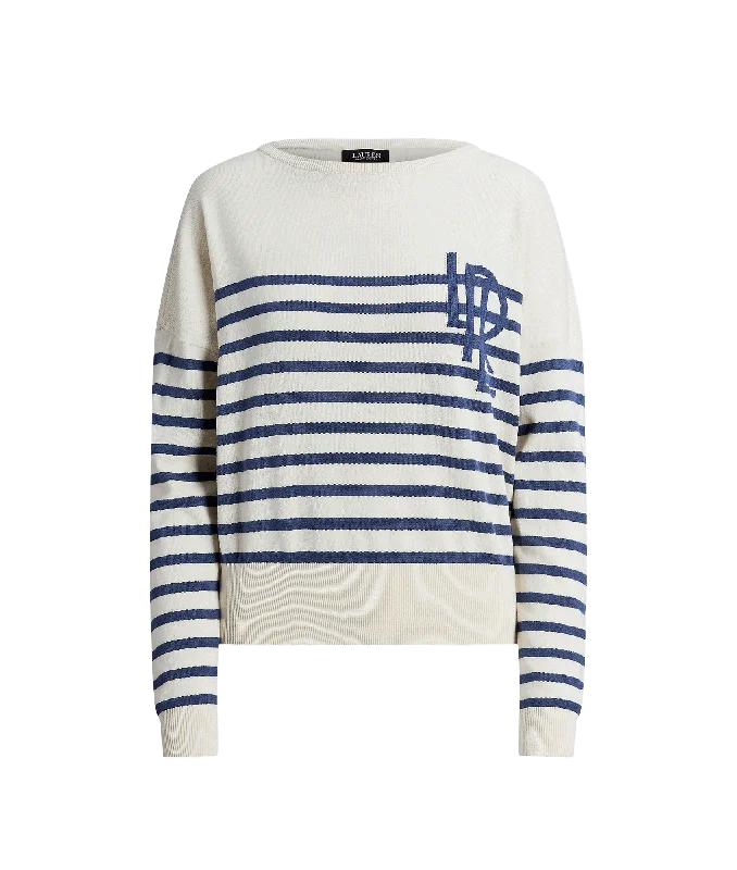 Logo Striped Cotton Boatneck Sweater - Cream Solid Color Striped Floral Print