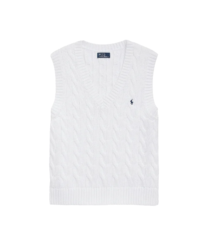 Cable-knit Cotton V-neck Sweater Vest - White Plaid Sweater Polka Dot Checkered