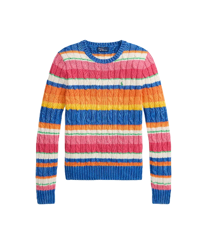Striped Cable Cotton Crewneck Sweater - Multi Boxy Sweater Fitted Sweater A-Line