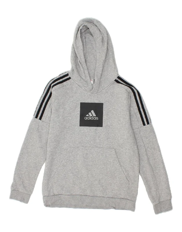 ADIDAS Boys Graphic Hoodie Jumper 13-14 Years Grey Cotton