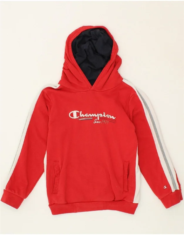 CHAMPION Boys Graphic Hoodie Jumper 7-8 Years Small Red Colourblock Cotton