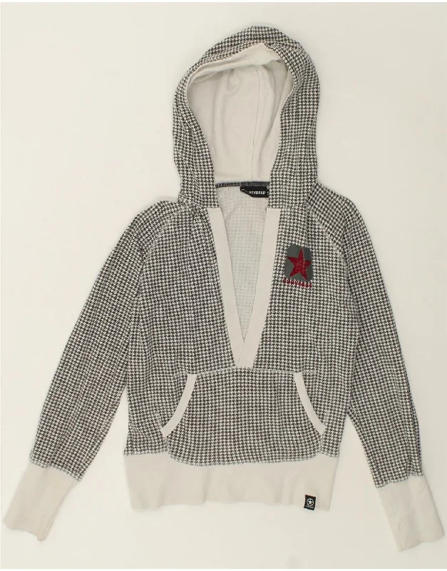 CONVERSE Womens Crop Hoodie Jumper UK 14 Large Grey Houndstooth Cotton