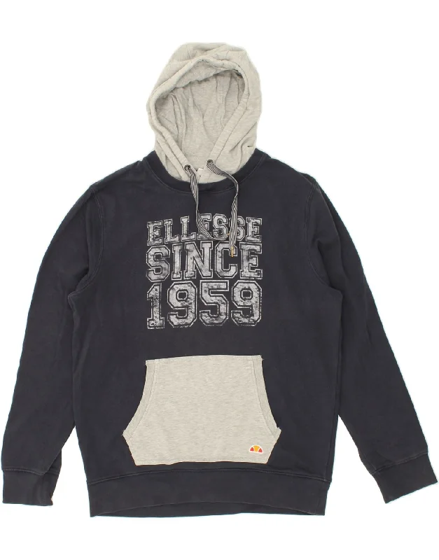 ELLESSE Mens Graphic Hoodie Jumper Large Navy Blue Cotton