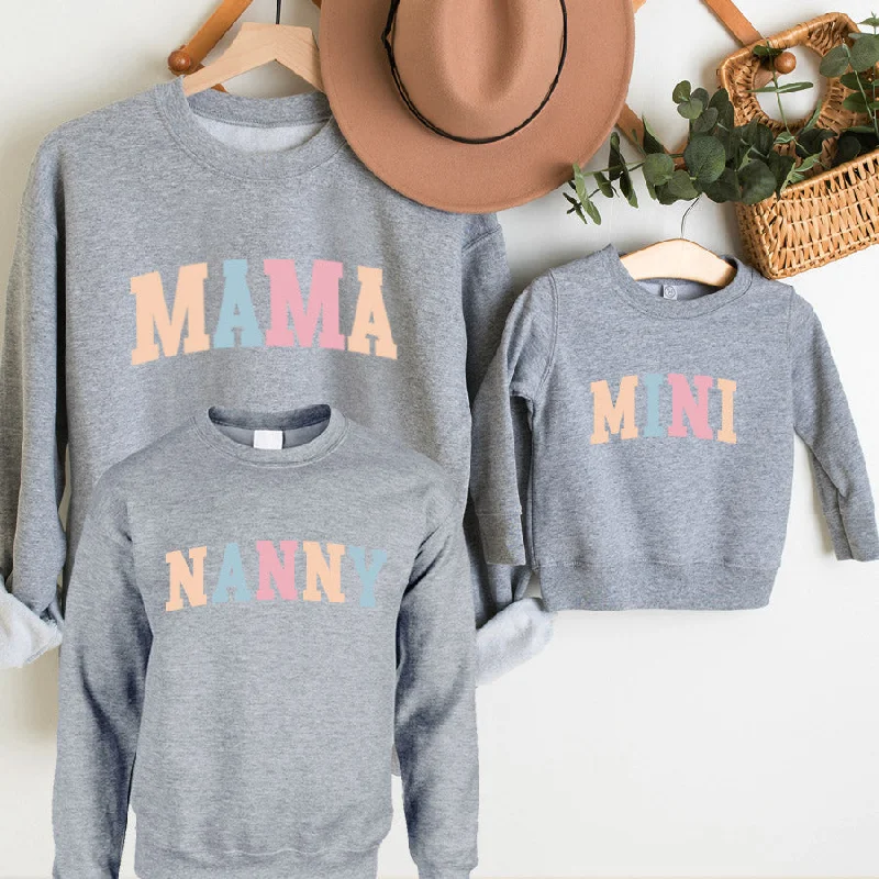 Pastel Mama, Nanny & Mini College Matching Grey Sweatshirts