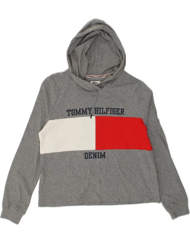 TOMMY HILFIGER Womens Graphic Hoodie Jumper UK 14 Medium Grey Colourblock