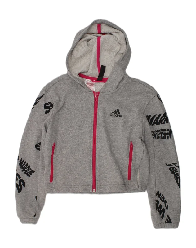 ADIDAS Girls Graphic Zip Hoodie Sweater 9-10 Years Grey Cotton