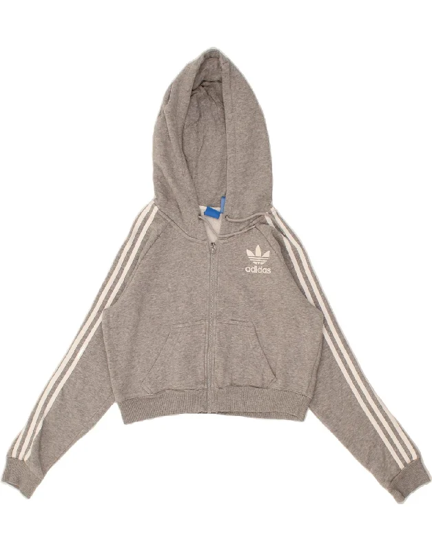 ADIDAS Womens Crop Zip Hoodie Sweater UK 10 Small Grey Flecked Cotton