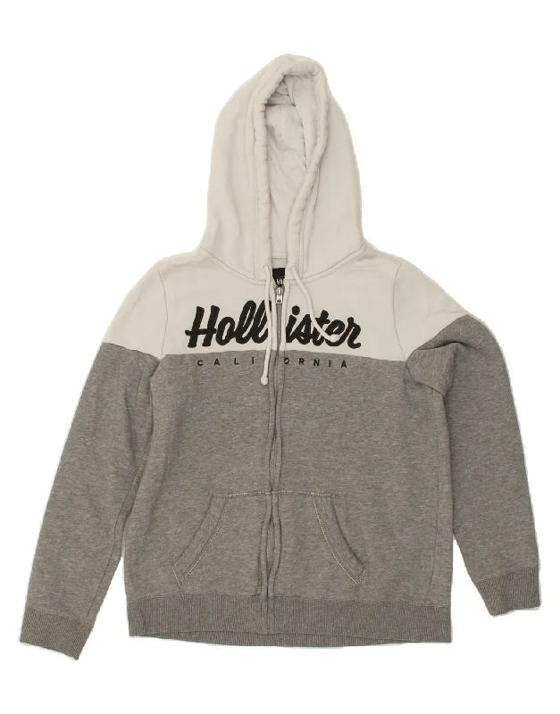 HOLLISTER Mens Graphic Zip Hoodie Sweater Large Grey Colourblock Cotton