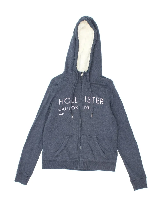 HOLLISTER Womens Graphic Zip Hoodie Sweater UK 10 Small Navy Blue Flecked