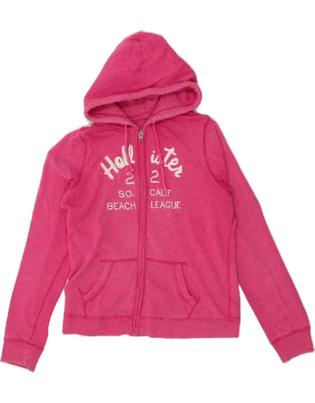 HOLLISTER Womens Graphic Zip Hoodie Sweater UK 14 Large Pink Cotton