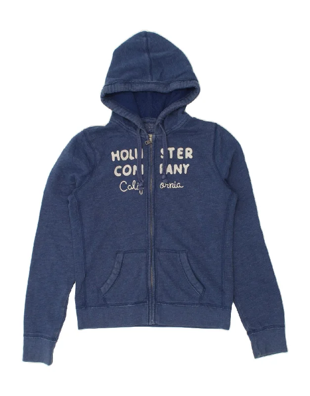 HOLLISTER Womens Graphic Zip Hoodie Sweater UK 16 Large Blue Cotton