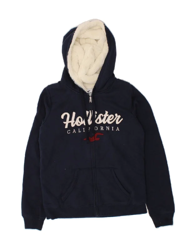 HOLLISTER Womens Graphic Zip Hoodie Sweater UK 6 XS Navy Blue Cotton