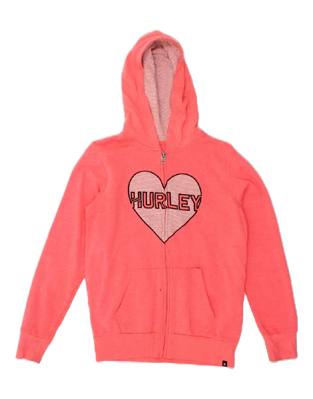 HURLEY Womens Graphic Zip Hoodie Sweater UK 12 Medium Pink Cotton