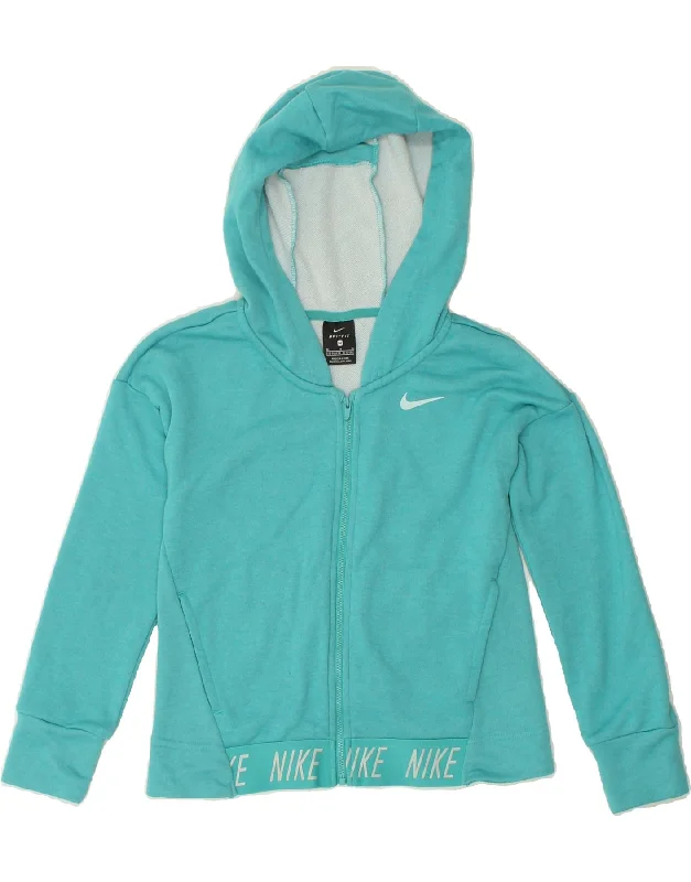 NIKE Girls Dri Fit Graphic Zip Hoodie Sweater 10-11 Years Medium  Blue