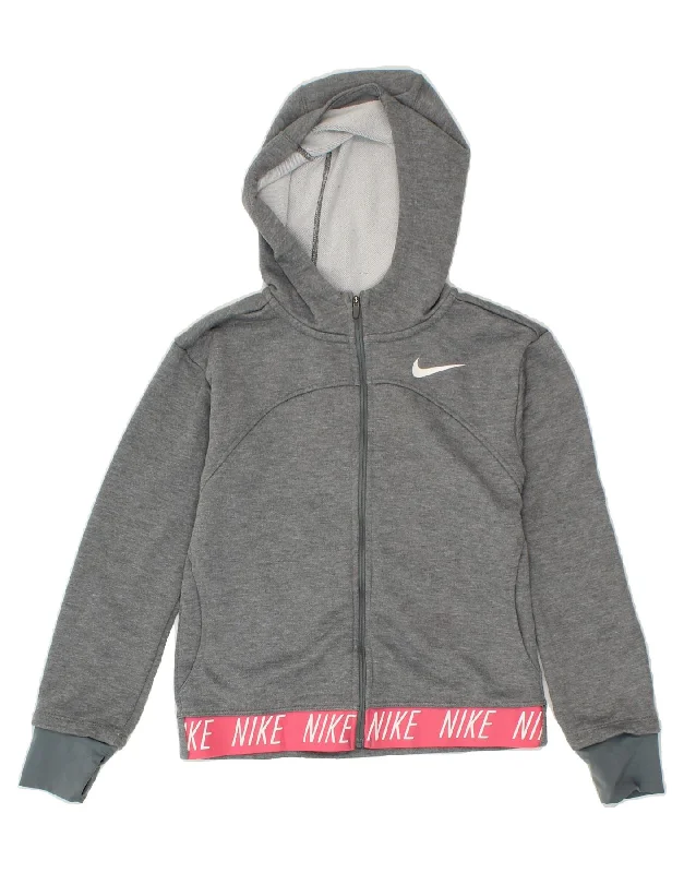 NIKE Girls Dri Fit Graphic Zip Hoodie Sweater 10-11 Years Medium  Grey