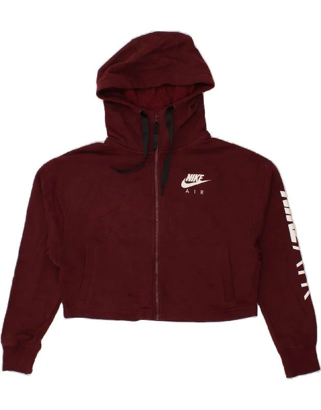 NIKE Womens Crop Graphic Zip Hoodie Sweater UK 14 Medium Maroon Cotton