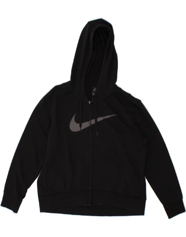 NIKE Womens Dri Fit Graphic Zip Hoodie Sweater UK 14 Medium Black Cotton