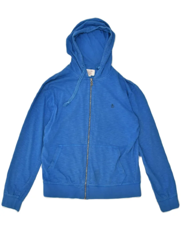 PENGUIN Mens Zip Hoodie Sweater Large Blue Cotton